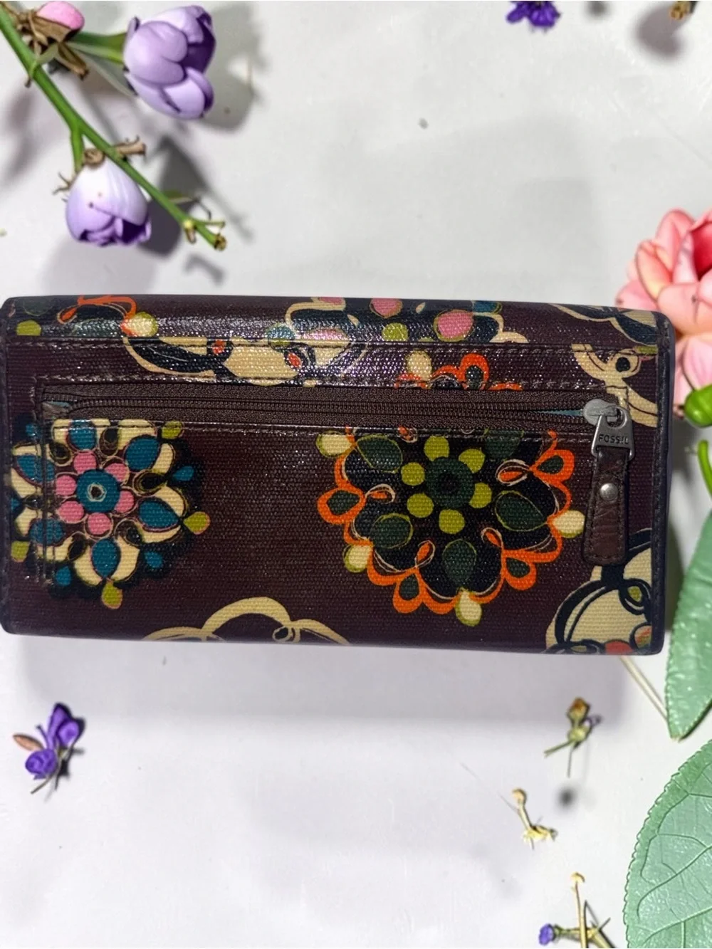 FOSSIL FLORAL PRINT BROWN CLUTCH WALLET ZIP POCKET MULTICOLOR